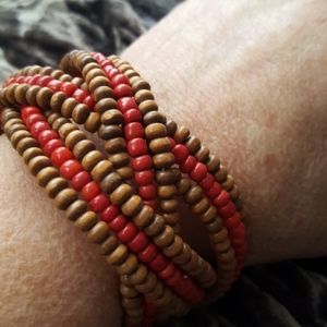 Braided Red and Tan Seed Bead Cuff Bracelet